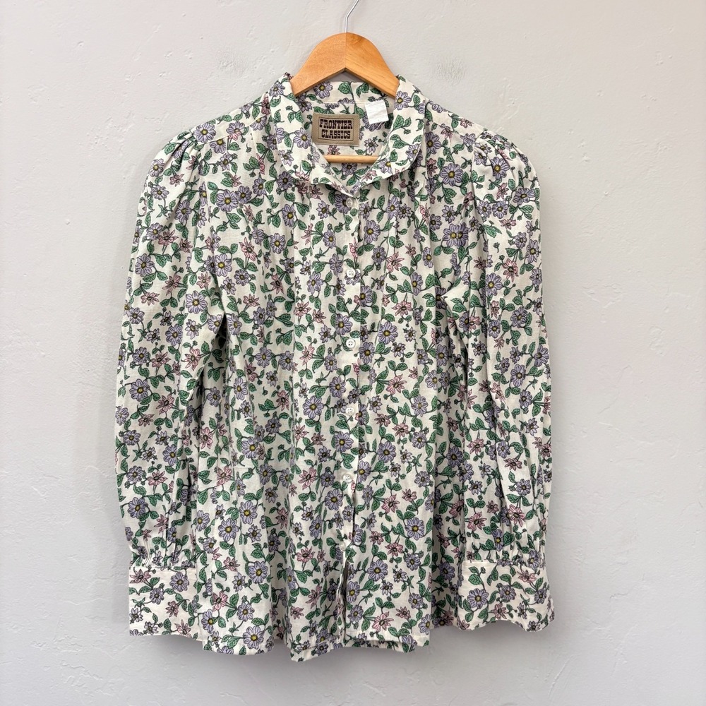 Frontier Classics Floral Top Shirt Women Sz Large White Purple Floral Button Up